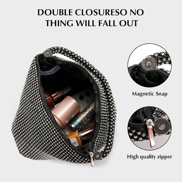 Women Large Black Imported Rhinestone Vintage Elegant Wedding Triangle Purse - Picture 4 of 7